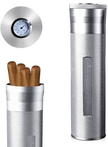 Zigarren Humidor aus Edelstahl, Zigarrenetui mit Hygrometer, Zigarre Humidor, Reisehumidor Röhre für 3 Bis 4 Zigarren, Tragbarer Zigarrenetui, Zigarren-Humidor für Kurztrips