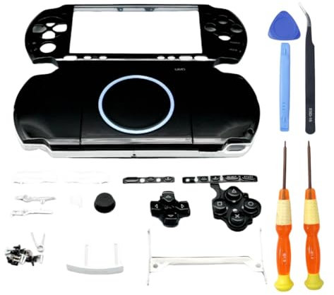 Hzxkqmil Kit de Coque Complet Boîtier de Remplacement pour Sony PSP 3000 PSP3000 Console, Coquille de Bricolage Plaques de Recouvrement Accessoires + Jeu de Boutons et de Vis (Noir)