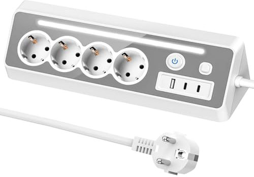 Nizirioo Regleta de escritorio con 4 enchufes con luz LED, protección contra sobretensiones con USB y 2 Type-C, 16 A, 3680 W, enchufe de esquina con 2 interruptores, para cocina, oficina, hogar