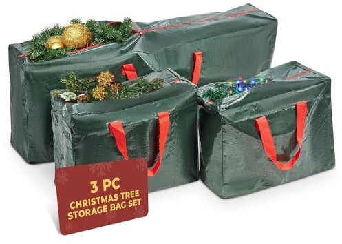 Festive Fix Christmas Tree Bag 3pc Storage Bag Set for Tree, Decorations & Lights, Multipurpose Heavy-Duty Waterproof Material with Reinforced Handles & Zippers - Forest Green 3pc Set