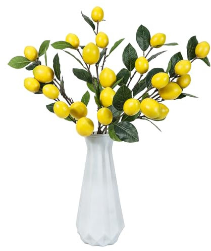 DuHouse 3 Pcs Fake Lemon Branches, 66cm Artificial Yellow Lemons Stems with Green Leaves Fake Lemon Decor for Home Kitchen Table Centerpiece
