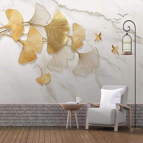 XLMING Goldene Ginkgo Biloba Vogelmurmel 3D Tapete Home Esszimmer Sofa Schlafzimmer Wohnzimmer TV Hintergrund Wand-350cm×256cm