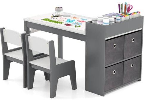 GYMAX Kids Table and Chairs Set, Wooden Children Art Desk with Paper Roll, 4 Fabric Bins&Storage Shelves, 3 in 1 Toddler Activity Table Set for Drawing Writing Learning,100x50x58cm (Grey + White)