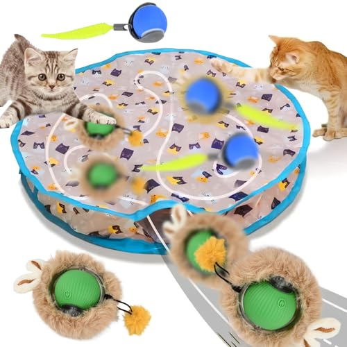 Interaktives Katzenspielzeug Matte mit 2 Elektrische Katzenspielzeug Bälle, Simuliertes Jagd katzenspielzeug Kugel, KAtzenspielzeug Ball Spielteppich, 360° Automatisches Hundespielzeug Ball USB (A)