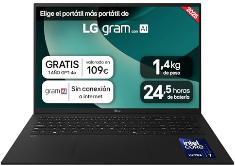 LG gram 17Z90TL-G.AU88B Ordenador Portátil 17 Pulgadas Intel Core Ultra7 258V, 32 GB RAM, 1TB SSD, Panel IPS Antirreflejo, WQXGA, 1.460 g, 24.5 Horas, Windows 11 Home, Negro, Teclado QWERTY Español