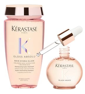 Kérastase, Gloss Absolu, Kit Shampoo + Olio per Capelli Crespi, Con Acido Glicolico, Acido Ialuronico e Olio di Rosa Canina, Bain Hydra-Glaze + Glaze Drops, 250ml + 45ml
