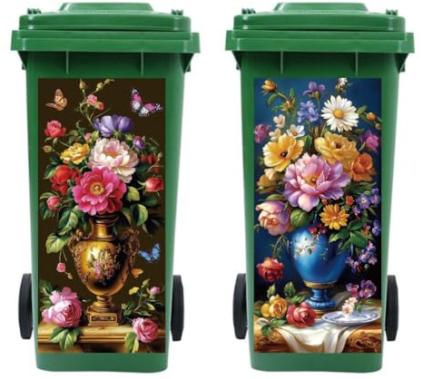 Peacoblue 2Pcs Wheelie Bin Stickers Vintage Art Vase for Dustbin Decor | 82x38cm,rubbish Cover,Large Wraps,Waterproof,Funny Decals for Fridges Door,Wall,Garden Indoor Outdoor Patio Decorative
