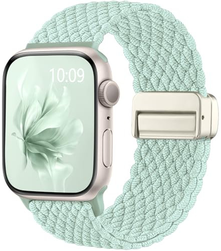Easuny Intessuto Cinturino Compatibile con Cinturino Apple Watch 40mm 42mm 41mm 38mm - Magnetica Elastica Strettoia Band Per Cinturini Apple Watch Serie 10 SE 9 8 7 6 5 4 3 2 1 Ultra - Verde Chiaro