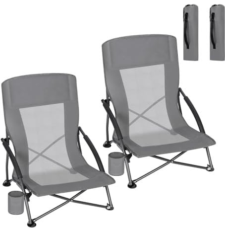 WOLTU 2er Set Strandstuhl Klappbar, Campingstuhl Leicht Faltbar, Klappstuhl Strand, Gepolsterte Armlehnen, Mesh-Rückenlehne, Mit Getränkehalter Tragetasche, Für Strand Und Camping, Dunkelgrau