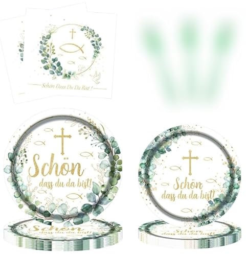 72 Stück Kommunion Deko Servietten und Pappteller Fisch Eukalyptus, Servietten kommunion Tischdeko für Taufe Kommunion Konfirmation und mehr. Ideal für Jungen Mädchen mit Spruch Schön dass du da bist