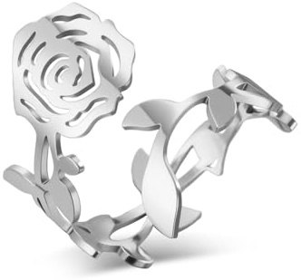 kkjoy Bague Rose en Acier Inoxydable Bague Réglable de Promesse d'Amour Fleur de Rose pour les Femmes Charmante Dames (Argent)