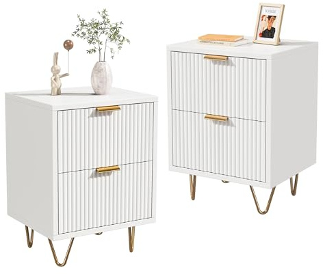 Aneutr Nachttisch, 2er Set, Weiß, 2 Schubladen, 40x40x55 cm, Metallgriffe und -füße, Modern, Wohnzimmer, Schlafzimmer