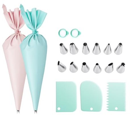 Set di sac à poche e beccucci per decorazioni per torte: 2 sac à poche da 30,5 cm riutilizzabili e 12 beccucci in acciaio inox per decorare torte, 3 raschietti e 2 anelli, per decorazione di cupcake