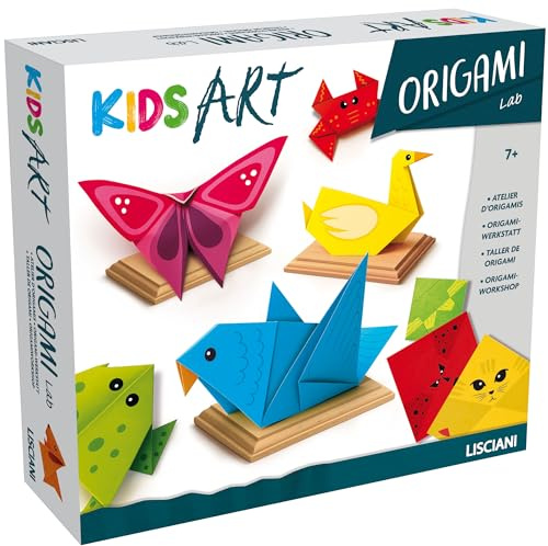 Lisciani - Kids Art - Origami Lab - Origami-Set für Kinder ab 7 Jahren - 105 farbige Origami-Blätter - Illustriertes Handbuch mit Faltanleitungen - 4 Holzständer zum Präsentieren der Kreationen