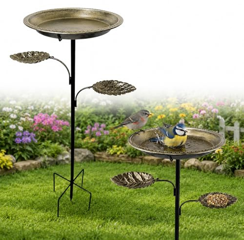 Bain d’Oiseaux en Métal sur Pied – Mangeoire et Abreuvoir 2 en 1 pour Oiseaux du Jardin – Style Vintage avec Piquet de Terre – Décoration Extérieure pour Balcon, Pelouse