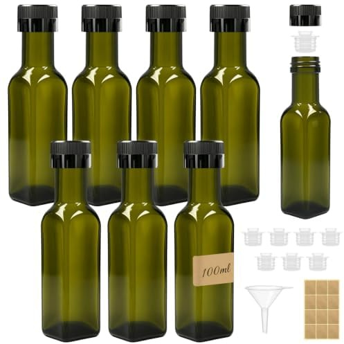 REJOECE 8 Stück Ölflasche 100ml, Olivenöl Flasche Set für Küche | Ölspender Glas Tropffrei, Olivenöl Flasche Dunkel, Öl Flasche Leer mit Trichter, Etiketten Ölflaschen Set für Aufbewahrung