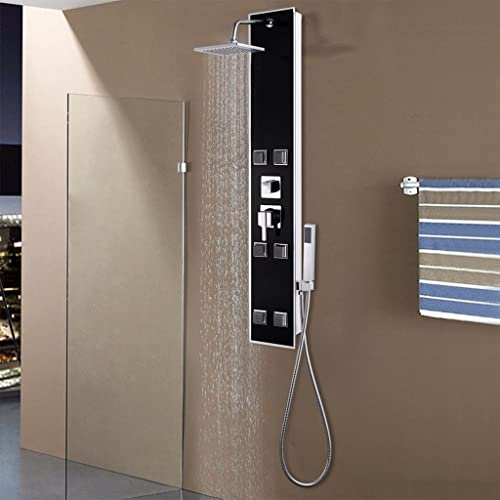 QUAHEAS Shower Panel Glass Black 18 x 42.1 x 120 cm with Massage Nozzle, Rain Shower Head, Hand Shower Head, Anti-Limescale Silicone Nozzles, Stainless Steel, Wall Mounting for Bathroom, Wellness