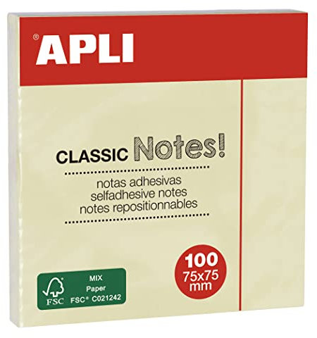 APLI 10975 - Notes adhésives 75 x 75 mm - Bloc de 100 feuilles - Couleur: jaune