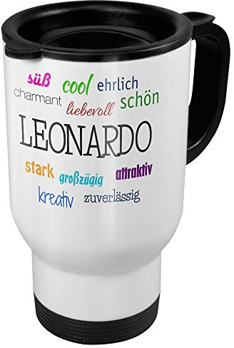 printplanet Thermobecher weiß mit Namen Leonardo - Motiv Positive Eigenschaften - Coffee to Go Becher, Thermo-Tasse