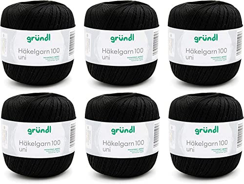 Gründl Wolle Häkelgarn 100 aus 100 % Baumwolle, 6 x 100 g Knäuel, Nadelstärke 1,5 - 2, 6, 100 g / 566 m, dünnes Garn zum Häkeln, Baumwollgarn, schwarz
