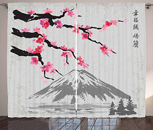 ABAKUHAUS japanisch Rustikaler Vorhang, Fujiyama Kirschblüten, Wohnzimmer Universalband Gardinen mit Schlaufen und Haken, 280 x 225 cm, Magenta Grau
