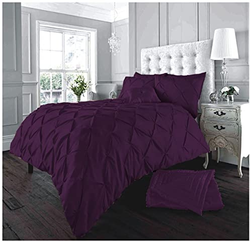 GC GAVENO CAVAILIA Pinch Pleated Double Bedding Set, Diamond Pleat Pintuck Comforter Cover, Soft Polycotton & Breathale Quilt Cover, Aubergine