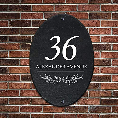 Personalised House Number Plaques Slate Housewarming Gift for Family Home New House Neighbor Gate UV Printed Natural Door Sign with Any Text Hand Finished in UK (27x19cm Oval)