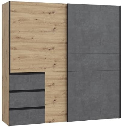 FORTE WINN 2 Schrank, Kleiderschrank, Schwebetürenschrank mit Schubladen, Schlafzimmerschrank, Holz Dekor: Artisan Eiche mit Betonoptik Grau, 200 cm breit x 200 cm hoch x 61,2 cm tief