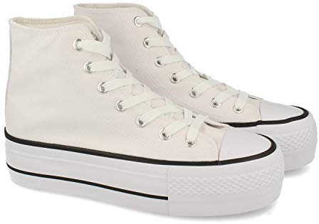 Zapatilla Abotinada, Comodas, Material Textil de Lona, Estilo Bamba y Casual, con Plataforma, Cierre de Cordones, Primavera Verano 2021. Talla 37 Blanco