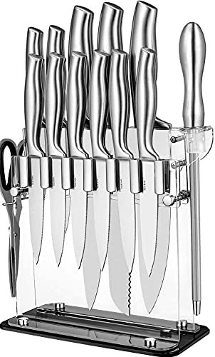 hhnn Messerblock, 14-TLG Messerset, Scharfes Profi Messer Set aus Edelstahl, Küchenmesser Set mit Schärfstab und Messerhalter aus Acryl