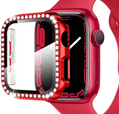 Miimall Custodia Compatibile con Apple Watch Serie 9/8/7 45mm, Case in PC Elettroplaccato con Protezione Dello Schermo in Vetro Temperato, Diamanti Case Antiurto per Apple Watch Serie 9/8/7, Nero