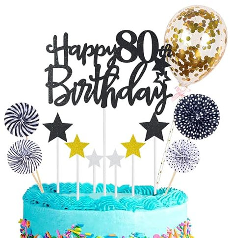 Personalised Happy 80th Birthday Cake Toppers Black for Men,Women,Him,Her,Happy Birthday Sign for Cake,12p Glitter Cupcake Topper Cake Topper Kit 80th Birthday Cake Decoration for 80th Birthday Party