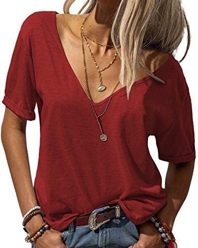Tankaneo T-shirt d'été basique pour femme - Col en V profond - Manches courtes - Solide - Décontracté