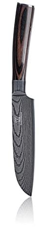 Küchenkompane – asiatisches Santoku 5“ Kochmesser aus 7CR17 Edelstahl mit ergonomischen Pakkaholzgriff inkl. Geschenkbox | Küchenmesser im Damast Design | rostfrei & scharf | Designed in Germany