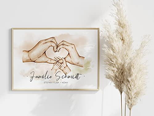 Manschin-Laserdesign Poster Familie Hände personalisiert mit Namen in A4 A3 A2 als Geschenk für Mama zur Geburt Muttertag Familienbild (2 Kinder)