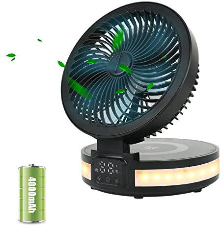 kyaoayo wiederaufladbarer USB-Ventilator tragbarer,4 Geschwindigkeiten Faltbarer Tischventilator, faltbarer elektrisch betriebener Ventilator Luftumwälzer mit Nachtatemlicht, für Zuhause (Schwarz)