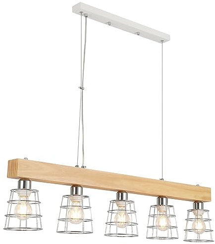 FORCOSO Pendelleuchte Esstisch - Hängelampe Holz 5 Flammig Lampenschirm Chrom E27 Küchenlampe Hängend Esstischlampe Vintage Hängeleuchte für Wohnzimmer Büro Schlafzimmer Küche