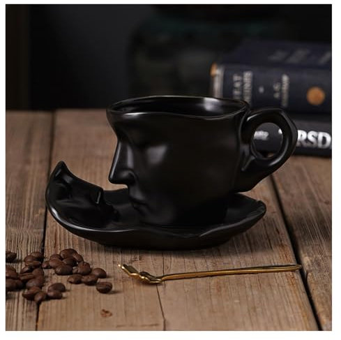 KYOFIS Kiss Coffee Mug, Tea Cup and Saucer Set Creative Ceramic Touching Face Coffee Mug Teacup for Couple Man Woman Unique Gift (Color : Black, Size : 250ml)