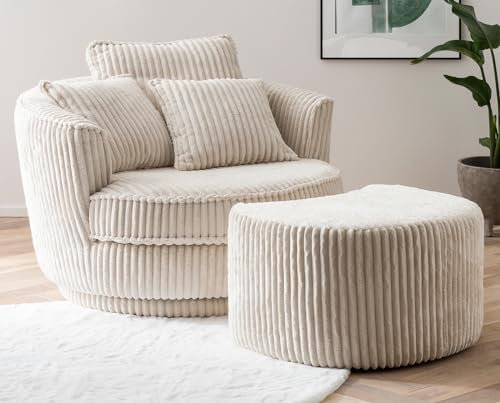Furn.Design Sessel in beige/wollweiß Cord Stoff XL Drehsessel 360° drehbar inklusive 3 x Kissen Relaxsessel mit Fußhocker Comfy (Wollweiß, Mit Hocker)