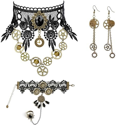 BARVERE Steampunk Accessoires Damen, Zahnräder Steampunk Set mit Armbänder Steampunk, Ohrringe Gothic, Halskette Spitze Gotisch, Mädchen Halloween Karneval Kostüm Accessoires