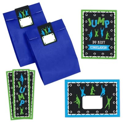 Minkocards 12 Einladungskarten Kindergeburtstag Jungen Mädchen Jump Trampolin Einladungen Jungsgeburtstag Mädchengeburtstag incl. 12 Umschläge, 12 Partytüten/blau, 12 Aufkleber, 12 Lesezeichen