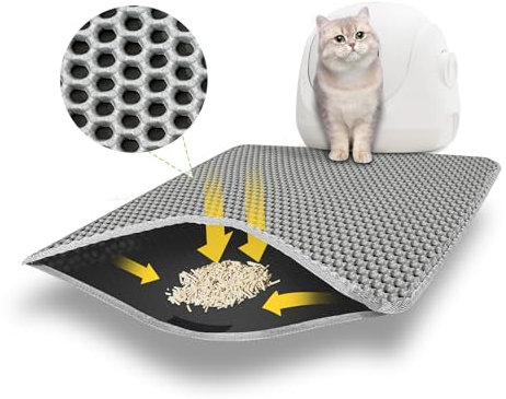 Katzenklo Matte 60x45 CM mit Klettverschluss und Großes Loch Design, Katzenstreu Matte Doppelte Wasserdichte und Rutschfeste, Katzenmatte Katzenklo Ungiftiges Material, Cat Litter Mat Grau