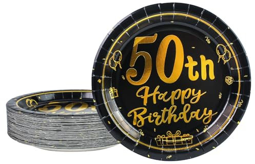 AHPYEUHK 50th Birthday Paper Plates 7 Party Dessert Plates 50 pcs Black and Gold 50th Decorations Disposable Tableware Party Supplies