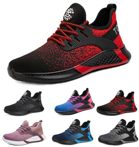 tqgold Sicherheitsschuhe Herren Damen Leicht Arbeitsschuhe Sportlich Schutzschuhe Stahlkappenschuhe rutschfest Atmungsaktiv (Größe 47EU,Rot)