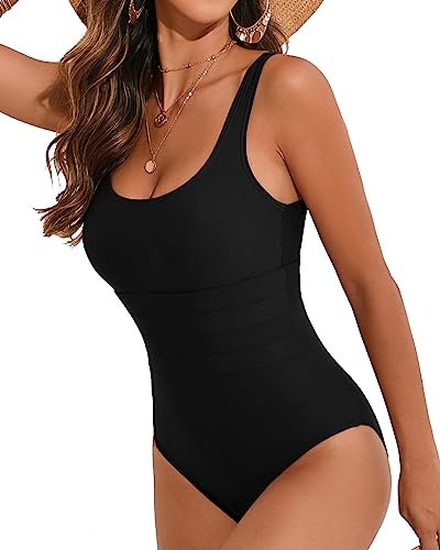 VECENEY Damen Badeanzug Einteiliger Bademode Rundhals Quadratischem Rücken Swimsuit Schwarz L