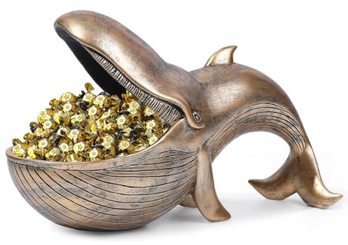 KIUGOP Wal Statue Lagerung Box Harz Skulptur Schlüssel Süßigkeiten Behälter Heimdekoration,Wal Figuren Schlüssel Schale Schmuck Aufbewahrungsbox Modern Skulptur Deko für Flur Wohnzimmer,Gold