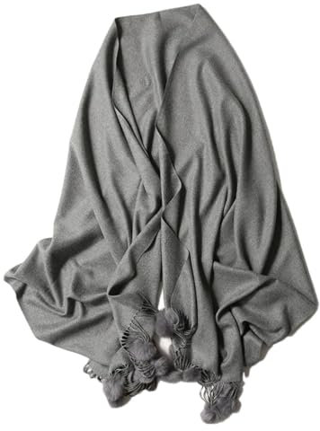 Nlievara Weicher Schal mit Quasten, Bommel, Schal, Damen, gestrickt, Wolle, einfarbig, warm, grau, Einheitsgröße