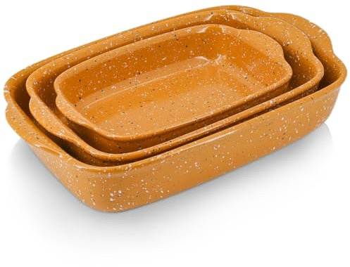 KROKORI Ceramic Baking Dish Set of 3, Casserole for Oven,Rectangular Bakeware Dishes with Handles,Lasagna Pan Deep,Handcraft Speckle Stoneware Series (13.8''/12''/9.6''Orange)