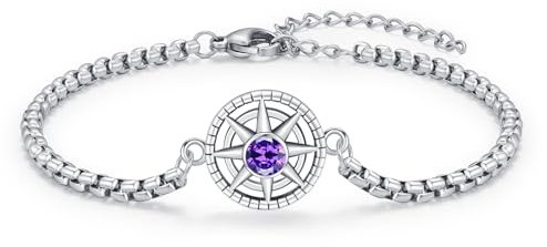 OHAYOO Damen Armband Silber 925 Kompass Geburtsstein Februar Amethyst Armband Schmuck für Damen Herren Mädchen Teenager Geschenke
