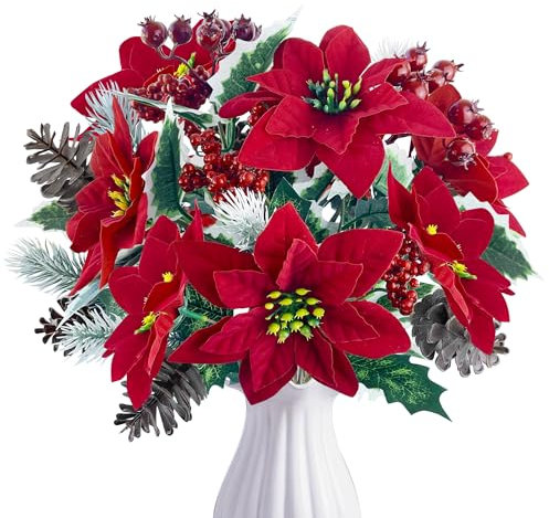 ROLLWAY 4 Stück Künstlicher Weihnachtsstern Tannenzweige Künstlich mit Weihnachtsblumen Rot, Künstliche Tannenzweige Kunstblumen Weihnachten Blumen Weihnachtsstrauß Künstlich Weihnachtssterne